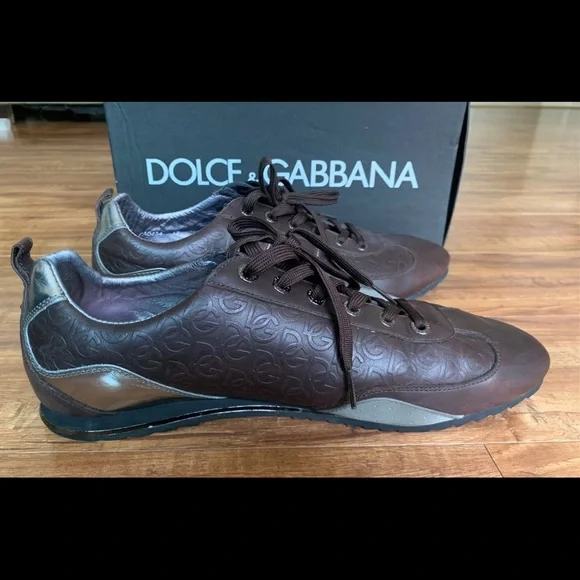 Authentic DOLCE & GABBANA Mens Sneakers Shoes Brown Silver DG Logo Sz 12EUR 46